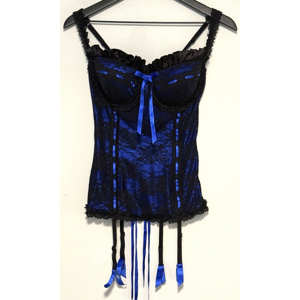 Vtg Frederick's of Hollywood Satin Lace Corset Top Sz L Blue Black Lace-Up Y2K